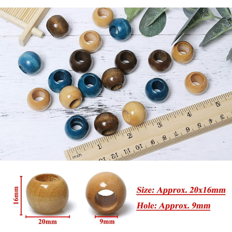 150 Colored Wood Macrame Beads - Large 20mm Size with 9mm Hole - 50 Beads  Per Color, Brown/Wood/Blue 