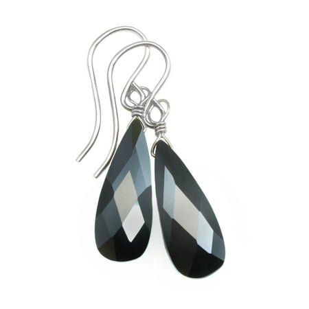 Faceted Peridot Drops - Cubic Zirconia Earrings Simulated Black Spinel Faceted Long Pear Shaped CZ Teardrops Sterling Silver Spyglass Designs