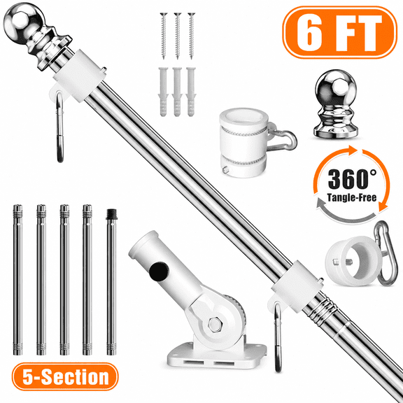 Doulami Flag Pole for Outside House, 6FT Silver 5-Section Tangle Free Spinning Stainless Steel Flagpole Kit with Adjustable Bracket, Heavy Duty Rustproof Outdoor Flag Poles for Residential Gard