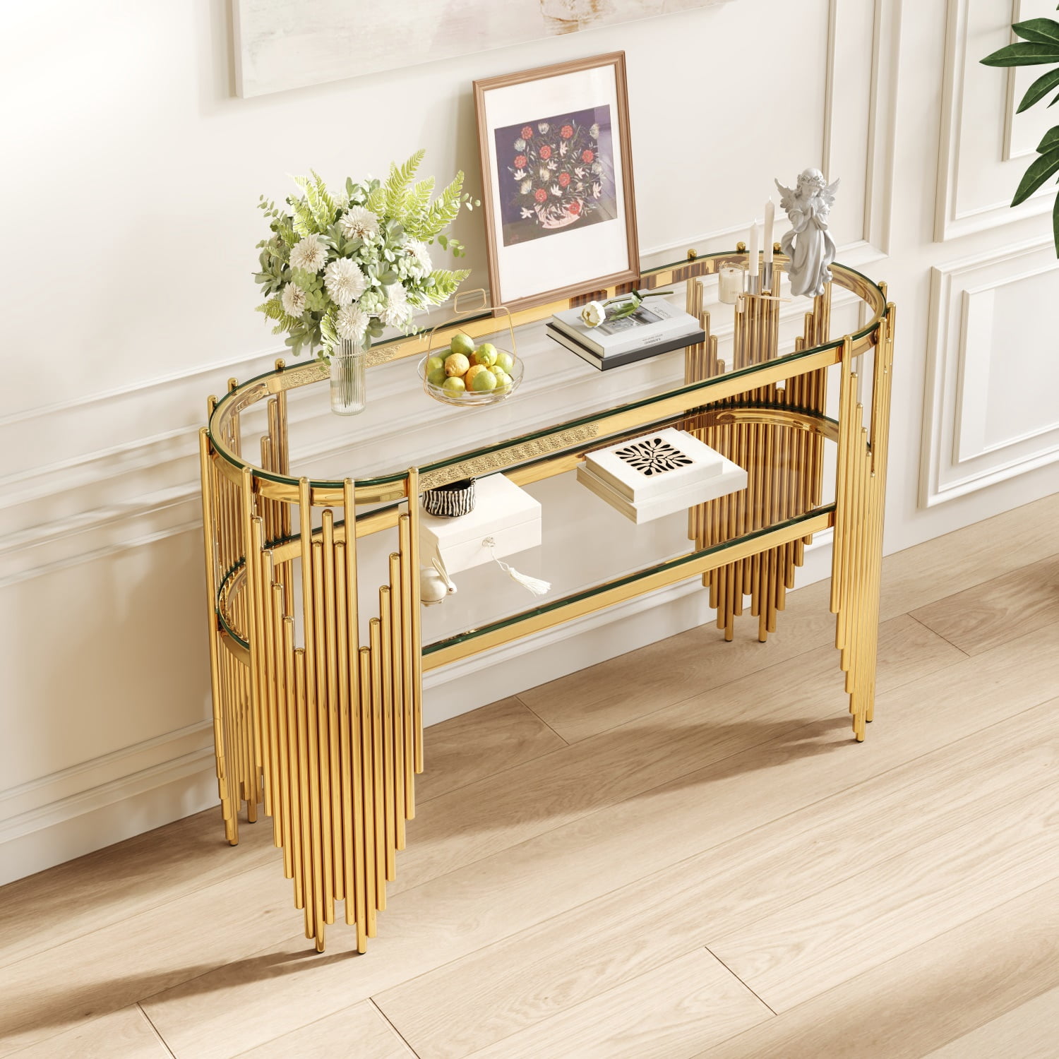 Hommoo Luxury Oval Console Table with Tempered Glass Shelves, Modern Stainless Steel Entryway Table for Hallway, Living Room & Behind Sofa, Gold