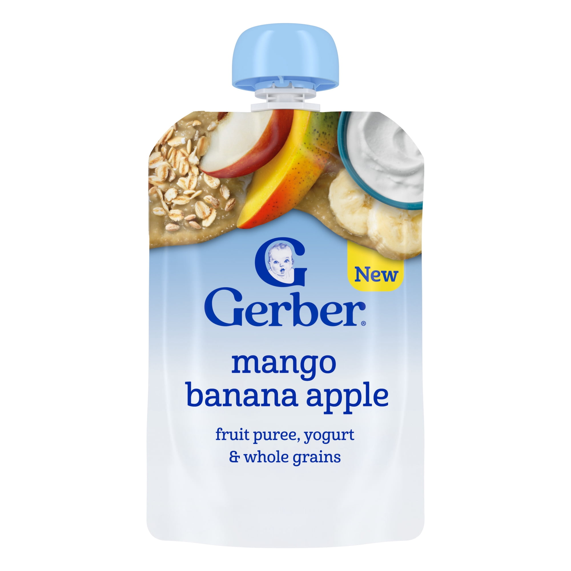 Gerber Toddler Food with 13% DV Fiber, Mango Banana Apple Fruit Puree, Yogurt & Whole Grains, 3.5 oz Pouch