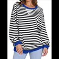 thumbnail image 1 of Sudaderas A Rayas para Mujer, Camisetas de Larga con Cuello Redondo de Gran Tamaño, Jersey Y2K, Ropa de Moda de Otoño Azul M, 1 of 9