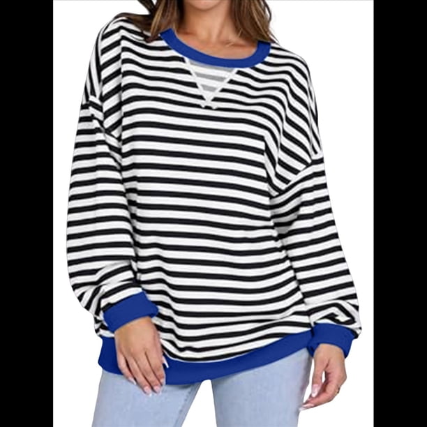 Sudaderas A Rayas para Mujer, Camisetas de Larga con Cuello Redondo de Gran Tamaño, Jersey Y2K, Ropa de Moda de Otoño Azul M
