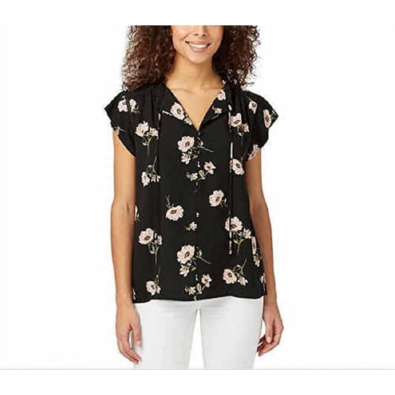Buffalo Ladies' Flutter Sleeve Floral Top Split Neckline Tie Closure Size: XL, Color: Black Poppy