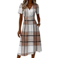 thumbnail image 5 of Minjewel Women's Gingham Shift Dress with Plaid V-Neck - Short Sleeve Summer Dress, Loose Flowy Beach Party Outfit, Preppy Comfy Vacation Mini Dress,Brown,2XL, 5 of 6