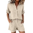 thumbnail image 2 of Xdegoge Linen Outfits Women 2 Piece Collar Button Down Short Sleeve Matching Set Tops and Shorts Summer Casual Lounge Vacation Breathable Beach Clothes, 2 of 6