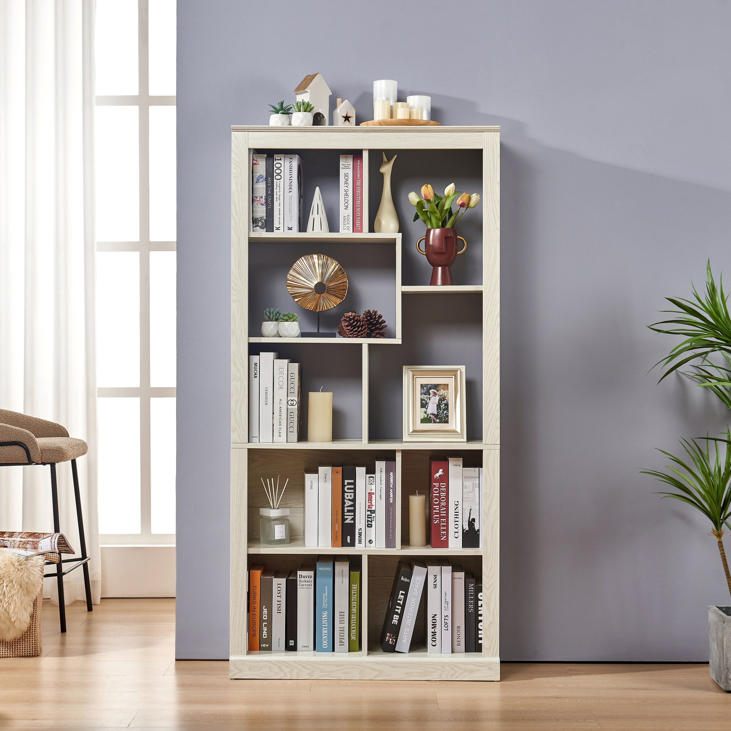 Free Combination Wood Open Bookshelf, Multi Space Display Storage Cabinet, Freestanding Bookcase with Anti-Tip Straps, Classified Storage Organizer for Living Room Bedroom Home Office