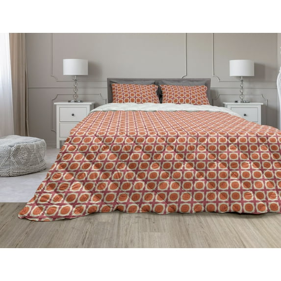 Abstract Comforter & Sham Bedding Set, Retro Design Elements in Irregular Shapes Fruit Like, 3 pcs Duvet Set Microfiber Filling Quilt, 5 Sizes, Pale Ruby Burnt Orange, by Ambesonne
