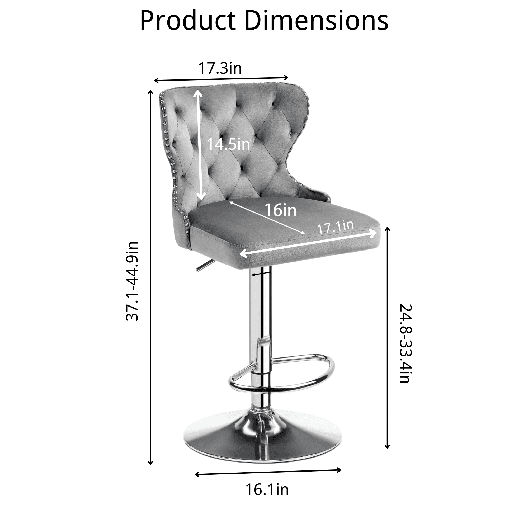 Set of 2 Adjustable Swivel Bar Stools,Velvet Upholstered Counter Height Chairs with Nailhead Trim, Silver Footrest, and High Back for Kitchen Island, Home Bar, Dining Room, Cafe,Gray
