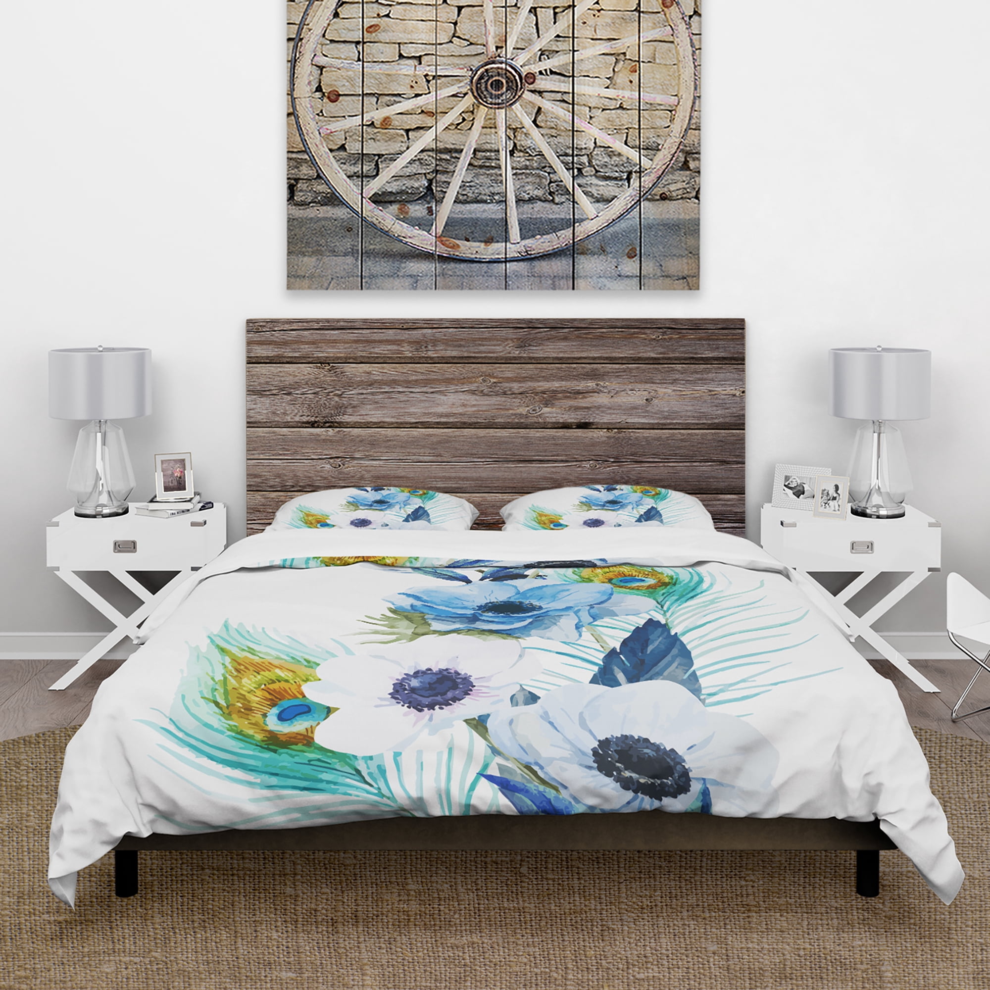 Designart 'Anemones And Peacock Feathers' Floral Duvet Cover Set