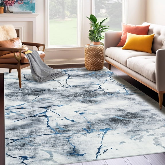 Nanan, 6'x9' Abstract Washable Area Rug, Non-Slip Stain Resistant Floor Carpet for Living Room Bedroom Dining Room Home Decor, Blue Tone