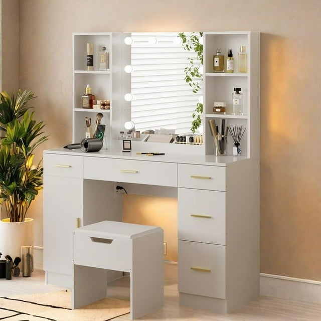 EDTara Ensemble de Coiffeuse de Ferme avec Miroir Éclairé, Coiffeuse Moderne de 56 Pouces avec Station de Charge et Étagères de Rangement, Table de Maquillage pour Femmes et Filles, 3 Modes d'Éclairage, Luminosité Réglable