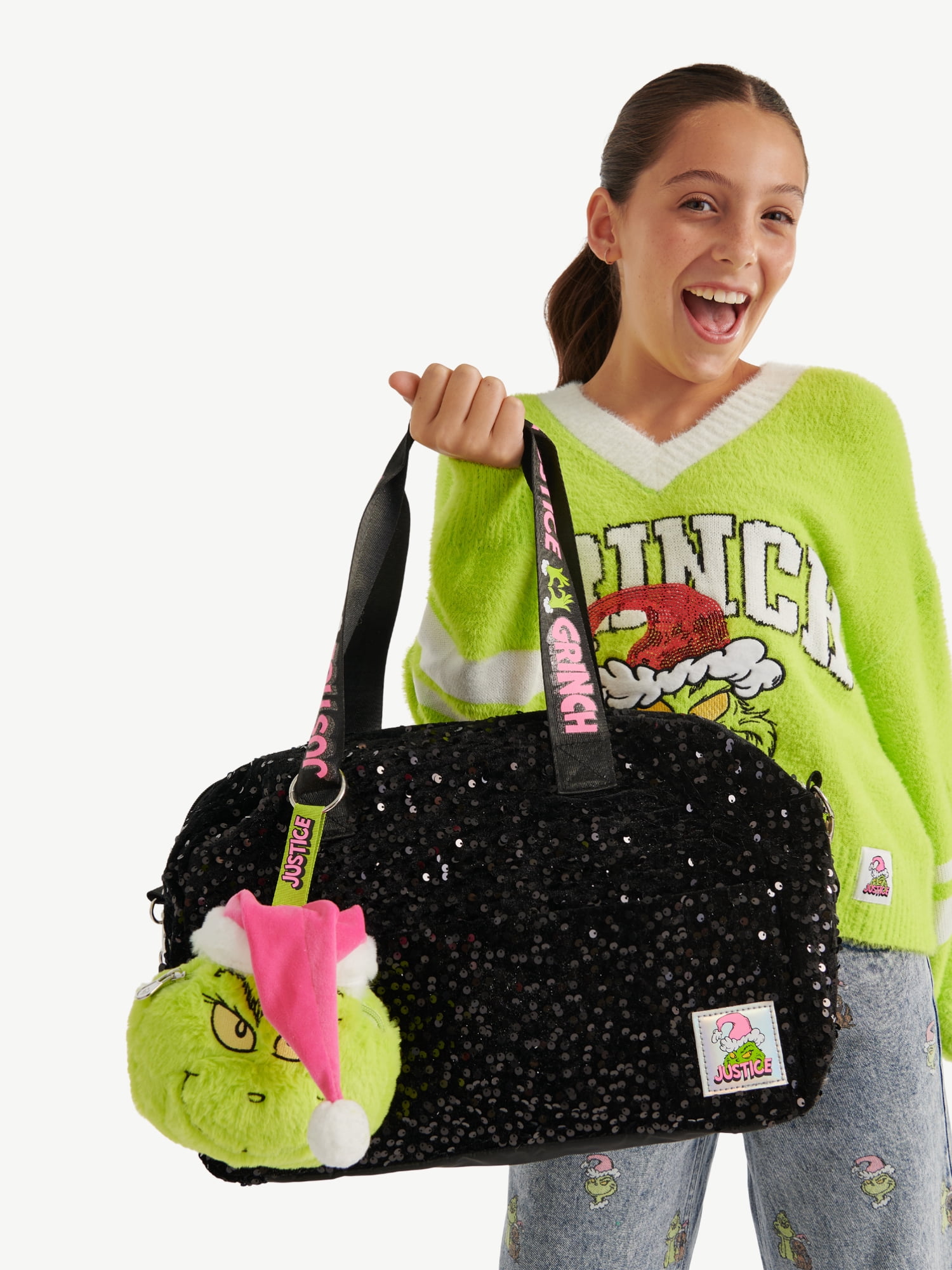 Justice Girls Grinch Sparkle Duffle with Plush Bag Charm, Black