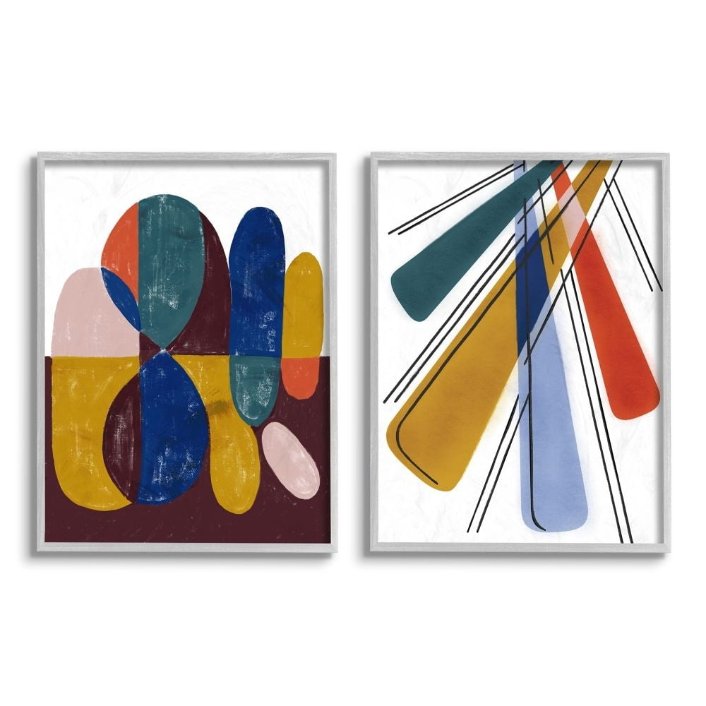 Stupell Industries Abstract Round Geometric Shapes Blue Yellow Paintings Graphic Art Gray Framed Art Print Wall Art Set of 2, 11x14, by Daphne Polselli