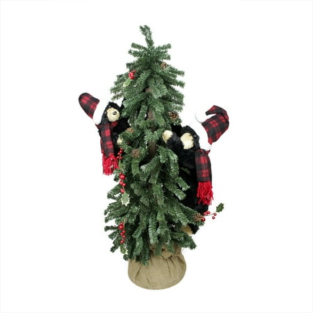 4' Country Rustic Artificial Alpine Christmas Tree in Burlap Sack with Black Bears -