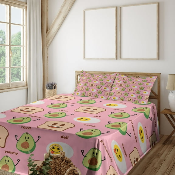 Ambesonne Funny Emoji Fitted & Top Sheet Set with Shams, Egg Avocado and Toast, Pale Pink Beige