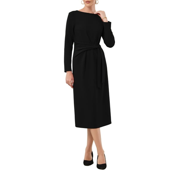 INSPIRE CHIC Women's Knee Length Pencil Dress Long Sleeve Tie Waist Church Work Sheath Dresses S Black