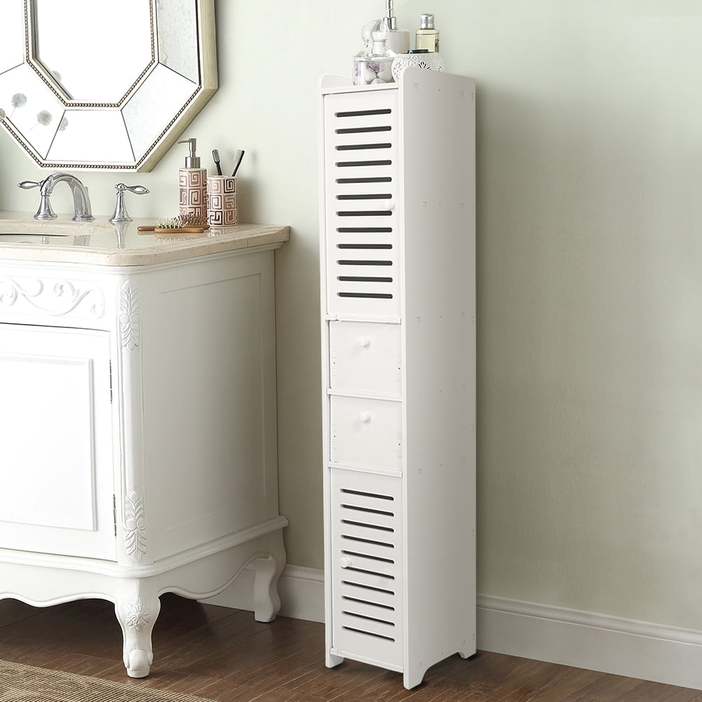Bathroom Storage Corner Floor Cabinet with Doors and Drawers,Thin Toilet Vanity Cabinet,Narrow Bath Sink Organizer,Towel Storage Shelf for Paper Holder,White