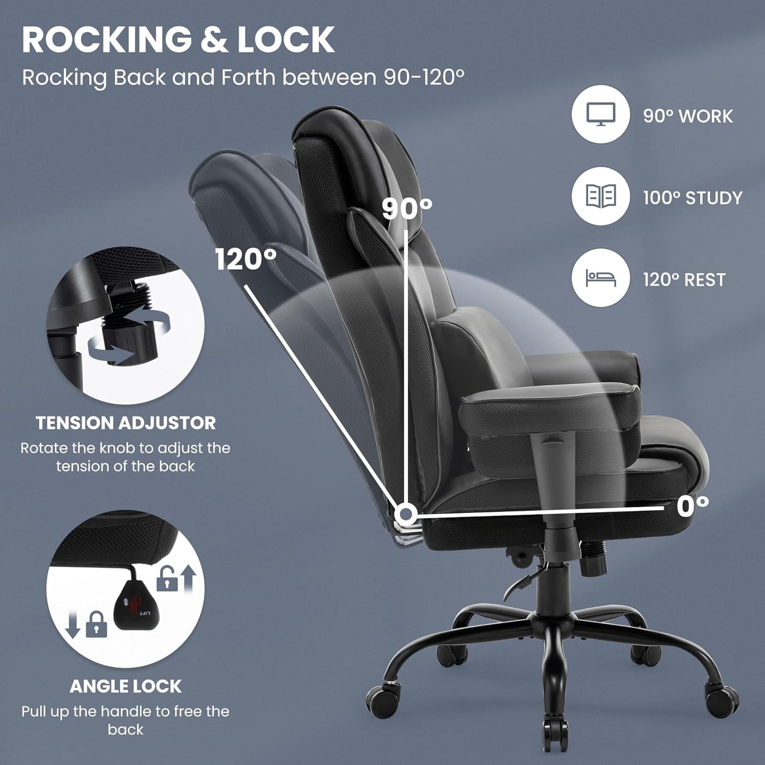 Big and Tall Office Chair, 500lbs Rocking Massage High Back Desk Chair, Ergonomic Executive Office Chair with Adjustable Padded Armrest and Lumbar Support, Adjustable Height(Dark Black)
