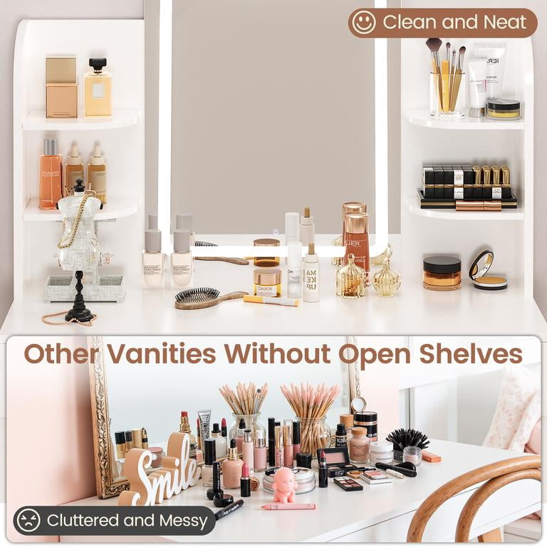Lacoo Vanity Set with Mirror, Makeup Vanity with LED Light, Storage Drawers & Shelves, Vanity Desk for Bedroom Dressing Room, White