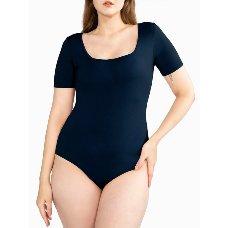 POSESHE Women's Plus Size Square Neck Short Sleeve Bodysuit, S, Navy Blue 