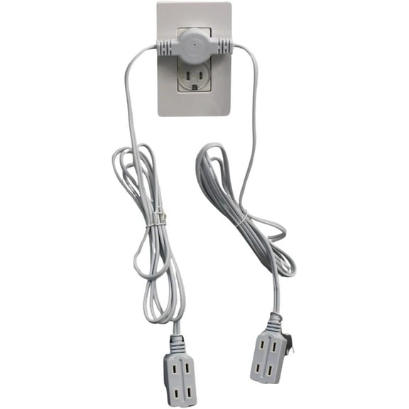 12 Ft Twin Extension Cord - 6 Feet on Each Side, Multi Outlet 3 Prong USA Plug, Low Profile Wall Hugger Design - Perfect for Behind Bed and Furniture Double Splitter for Indoor Use, ETL Listed, White