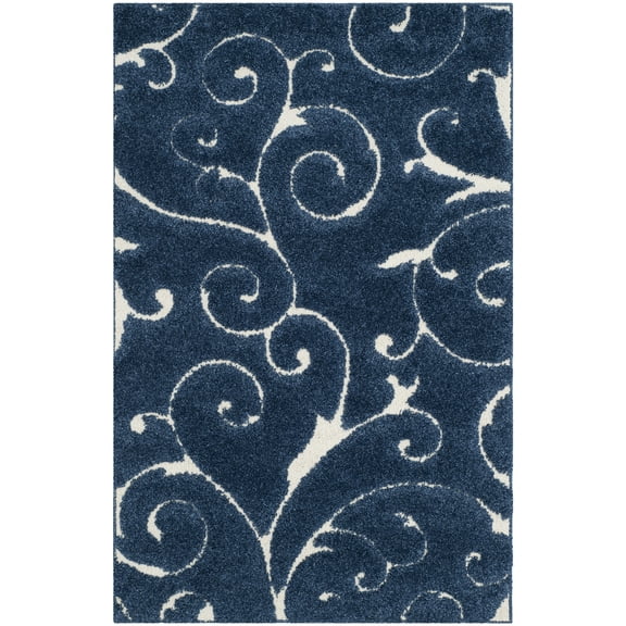 SAFAVIEH Florida Doug Floral Vines Geometric Shag Area Rug, Dark Blue/Cream, 4' x 6'