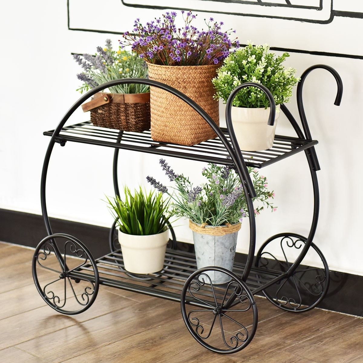 Garden Cart Plant Stand & Flower Pot Plant Holder Display Rack, 2 Tiers