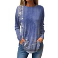 thumbnail image 2 of QUNYINEY Blue Womens Shirts Long Sleeve Casual Floral Crew Neck Tops Pullover Drop Shoulder Irregular Hem Loose T-Shirts, 2 of 5