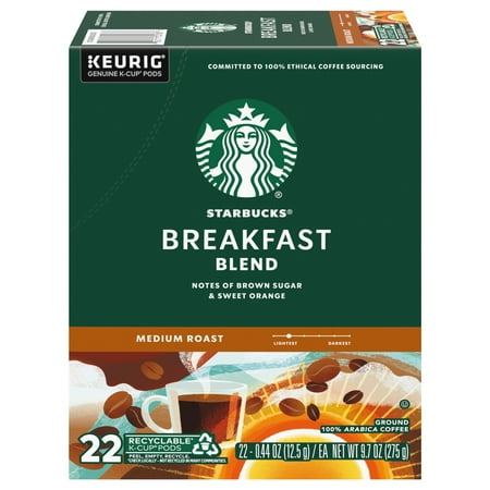 Starbucks Breakfast Blend  Medium Roast Coffee  Keurig K-Cup Single Serve Coffee Pods  22 Count