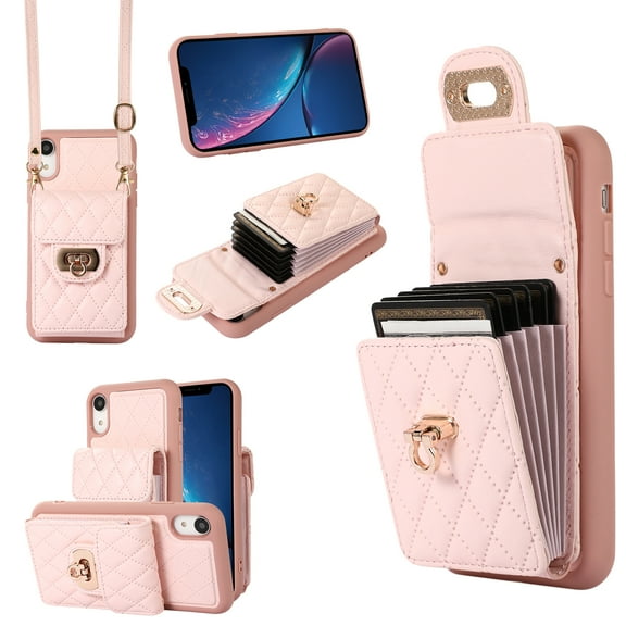Wallet Case Designed for iPhone XR, with 6 Card Holder Slots RFID Blocking Shoulder Wallet Case Crossbody Strap Shockproof Leather Kickstand Phone Case For iPhone XR, Pink