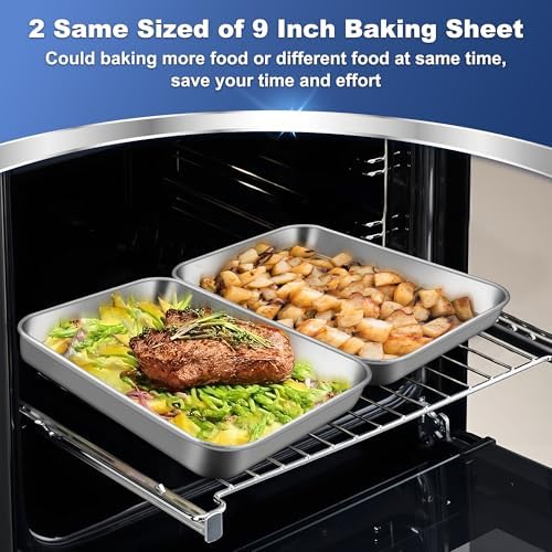 9 Inch Baking Cookie Sheet, Oven Pan Tray Stainless Steel Sheet Pan for Kitchen, Oven Bakeware for Multi Uses, Shiny Look & Dishwasher Safe, Healthy & Heavy Duty, 2Pcs