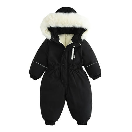 Xfvqtps Snowsuit One Piece Fake Fur Hooded Rompers Plush Lined Keep Warm Solid Color Waterproof Windproof Winter Jumpsuits Black