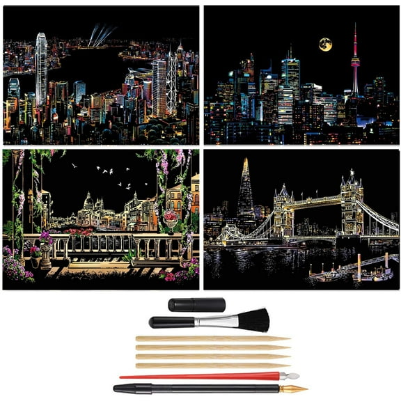 Scratch Art Rainbow Painting Paper for Kids & Adults, 16'' x 11.2'' with 3 Tools,4-Pack