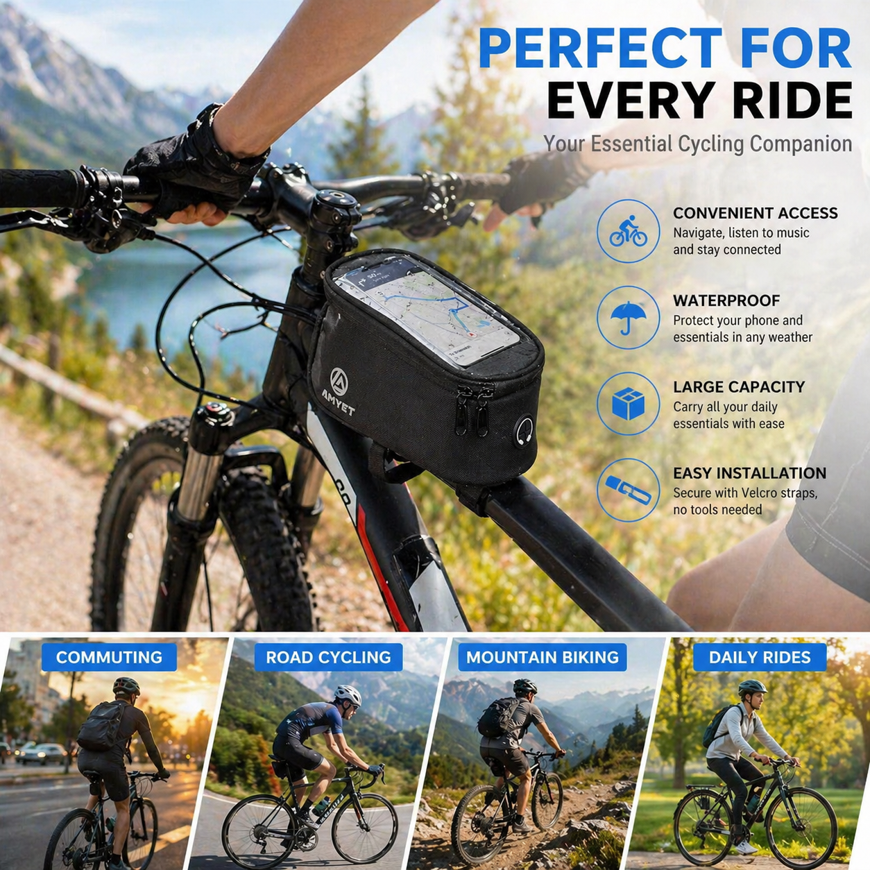 Bike Phone Front Frame Bag Waterproof, 6.5" Touch Screen Bicycle Top Tube Bag with TPU Screen, Dual Storage, Velcro Mount, Bike Phone Holder for Road Mountain Bikes