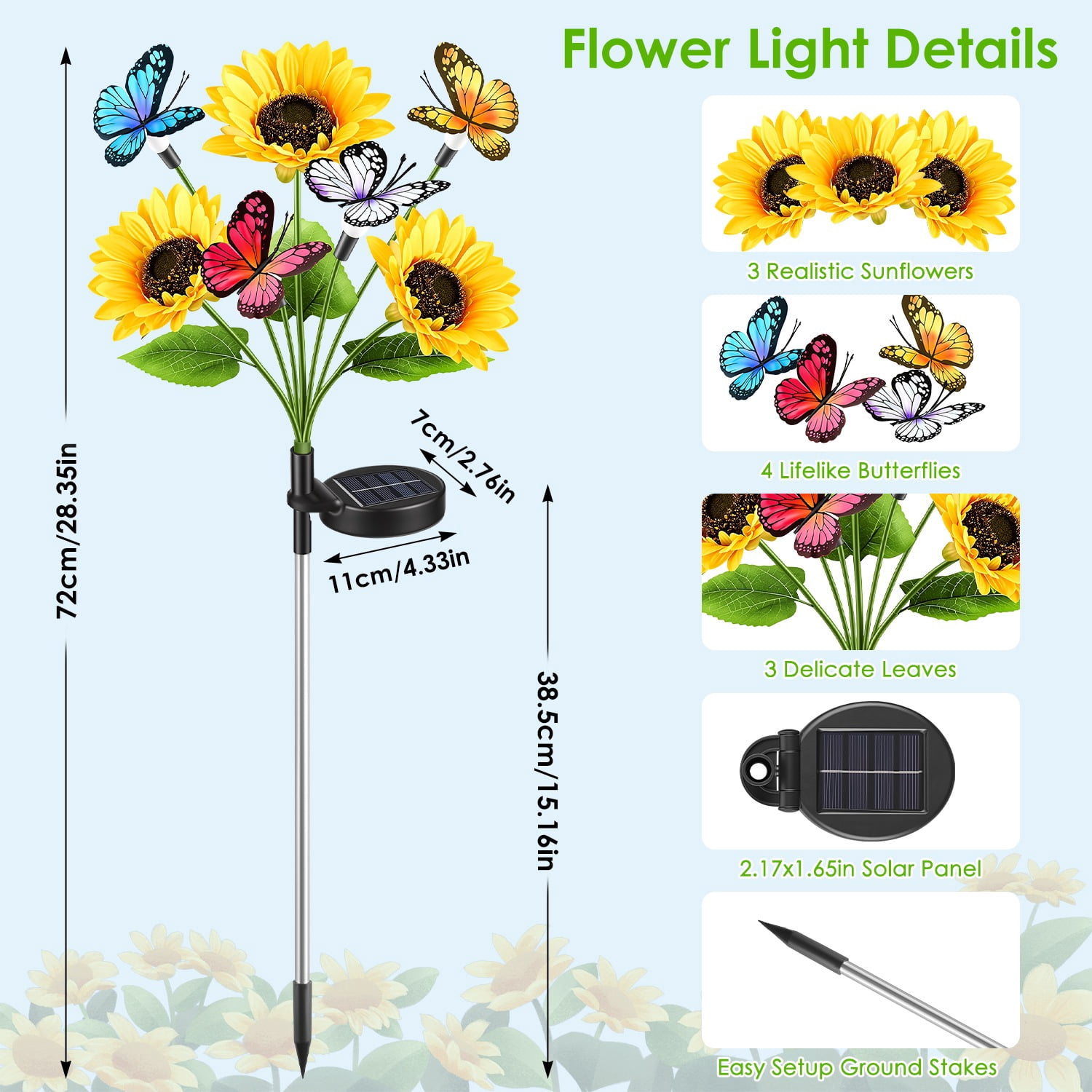Astoutdoor Solar Sunflower Garden Stake Lights, 4-Pack, 3 Sunflower Heads and Butterfly Decor, Warm White LED, 2 Modes, IP44