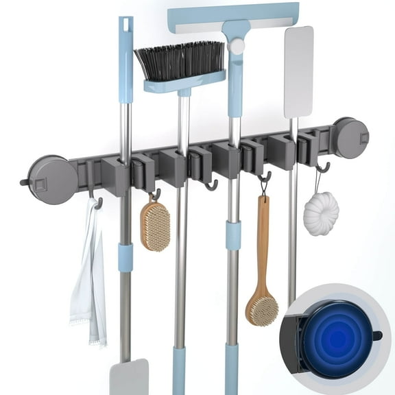 Furniware Slippable 4 Racks and 5 Hooks Mop and Broom Holder Wall Mount,No drilling and Glue Required Heavy Duty hooks for Bathroom,Grey
