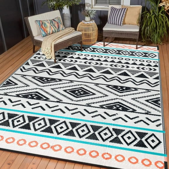 4' X 6' Geometric Outdoor Rug, Modern Plastic Straw Patio Rug, Area Rug For Campers