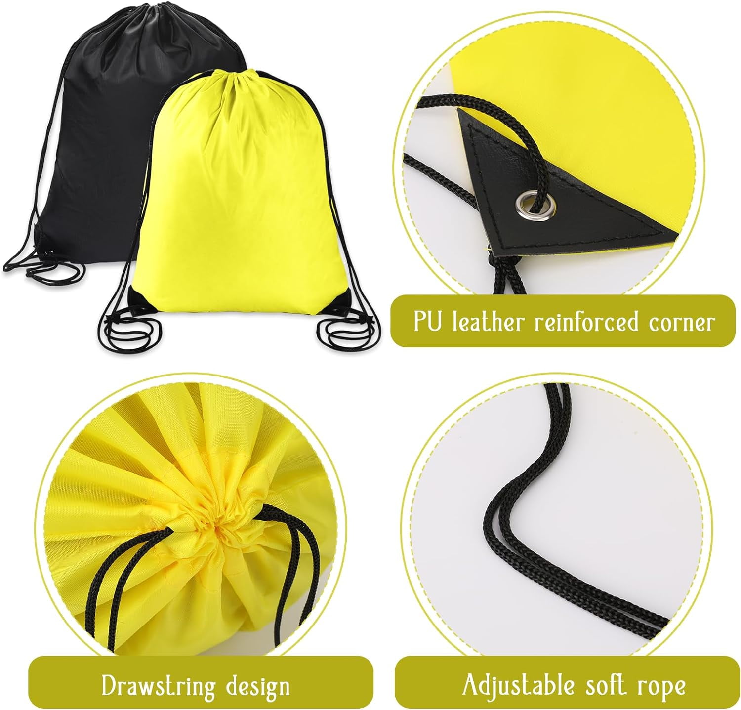 2 Pcs Black Yellow Drawstring Backpack Bags Sports Cinch Sack
