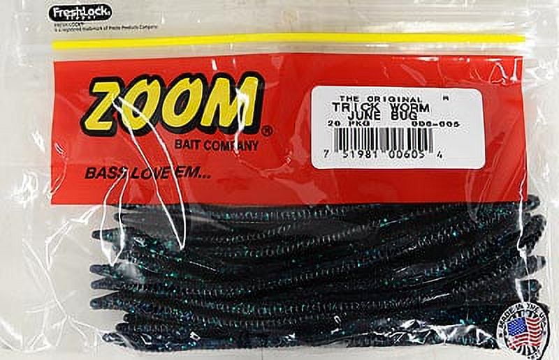Zoom Trick Worm Freshwater Bass Fishing Soft Bait, June Bug, 6 1/2, 20-pack