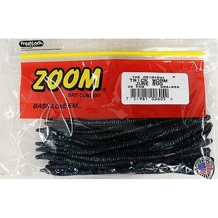 Zoom Trick Worm Freshwater Bass Fishing Soft Bait, June Bug, 6 1/2,  20-pack 