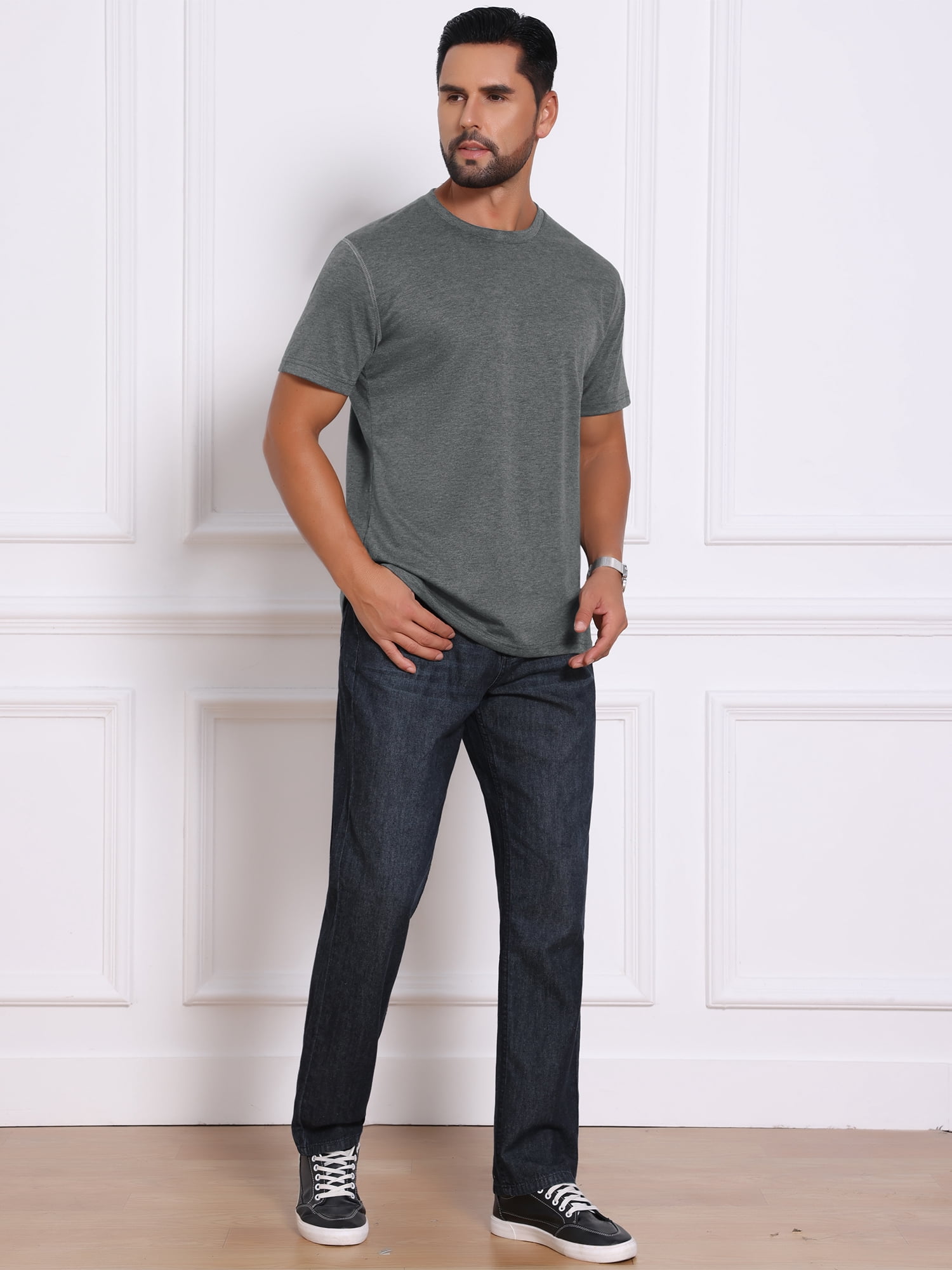 DARING DIVA Men's Crew Neck Short Sleeve Solid Color Retro Style T-Shirt M Dark Gray