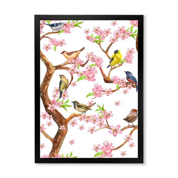 Colorful Little Birds On Spring Flowers Tree 30 in x 40 in Framed Painting Canvas Art Print, by Designart