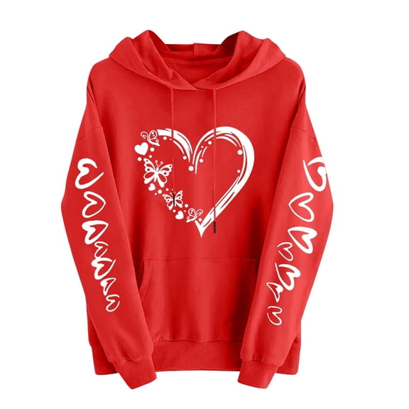 Womens Heart Valentine Hoodies Long Sleeve Graphic Cute Valentines Day Sweatshirt Holiday Casual Fall Spring Hoodie, 2XL Red