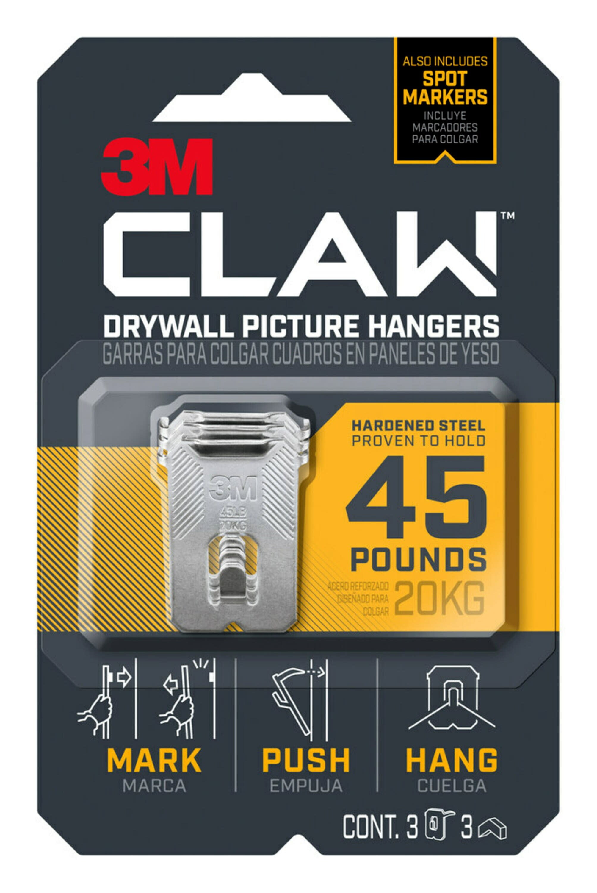 3M CLAW Drywall Picture Hanger with Temporary Spot Marker, holds 45 lbs, 3 Hangers + 3 Markers/Pack