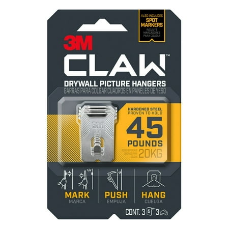 

3M CLAW Drywall Picture Hanger with Temporary Spot Marker holds 45 lbs 3 Hangers + 3 Markers/Pack