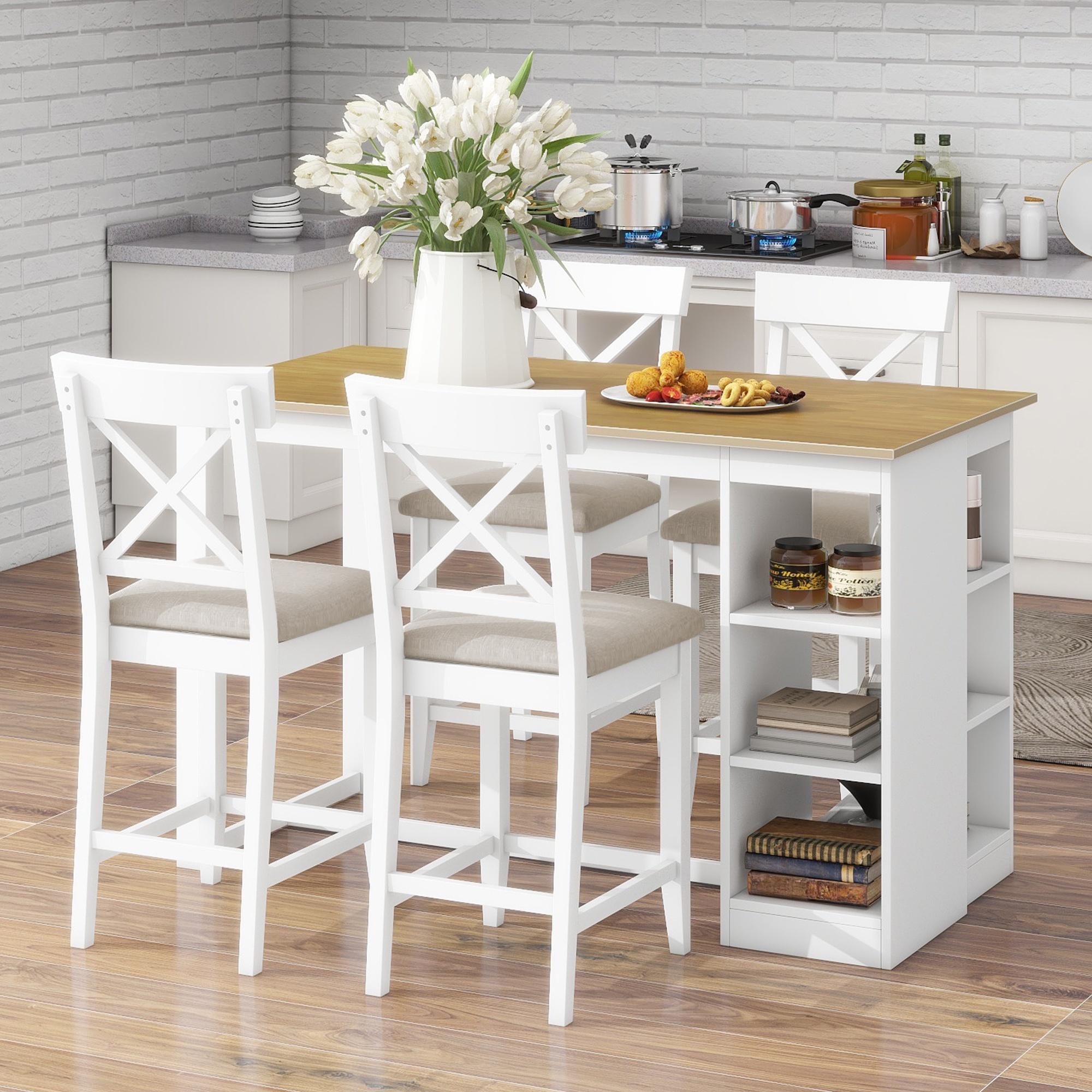 PORKISS 5 Piece Dining Table Set, Solid Wood Dining Table with 3-tier Storage Shelves, 4 Upholstered Chairs for Dining Room Kitchen Apartment, White