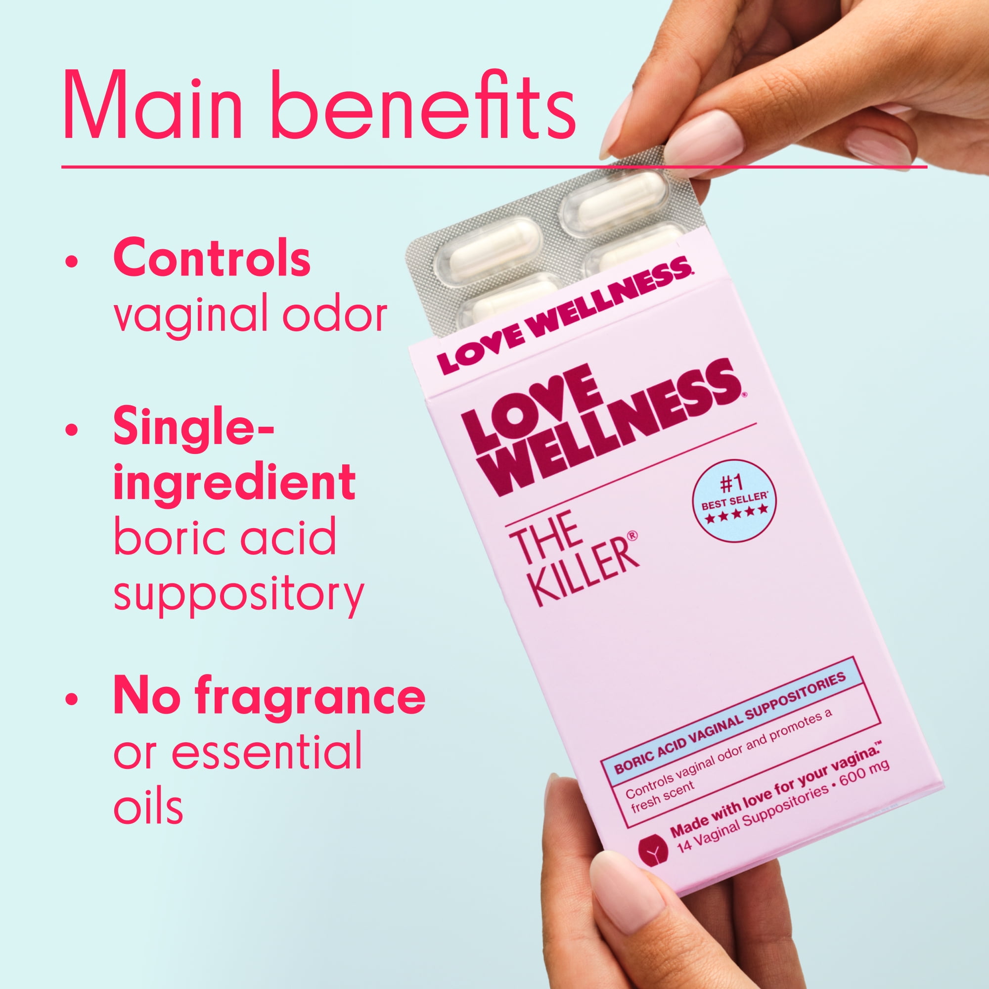 Love Wellness The Killer Boric Acid Vaginal Suppositories, 14 Count, Yeast Infection Treatment