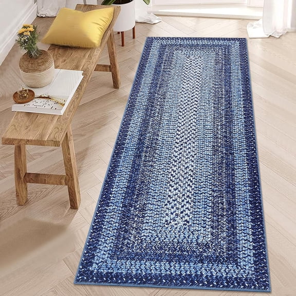 2x10 Ft Runner Rug Bedroom Washable Non Slip Low Pile Vintage Braided Navy