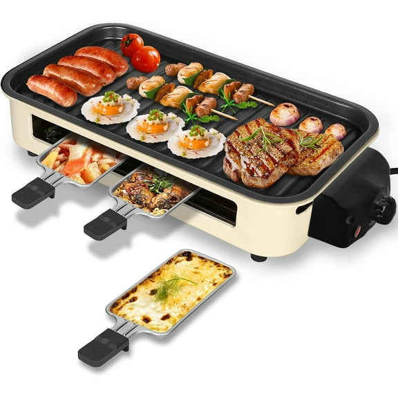 ZHIBO 2-in-1 Indoor Smokeless Electric Grill with Raclette, 1500W Korean BBQ Griddle, 16x9" Nonstick, 3 Cheese Pans